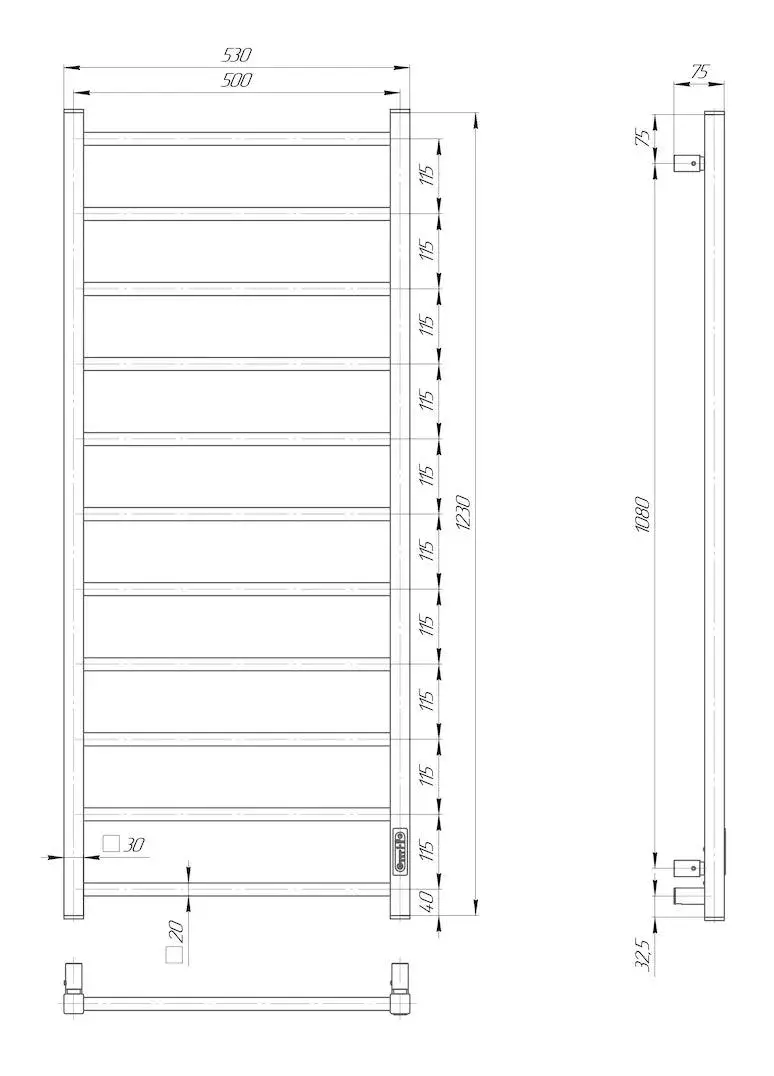 Сушарка для рушників електрична ELNA Атрія 11 (30*10) 1230*530*75 біла з таймером та регулятором температури